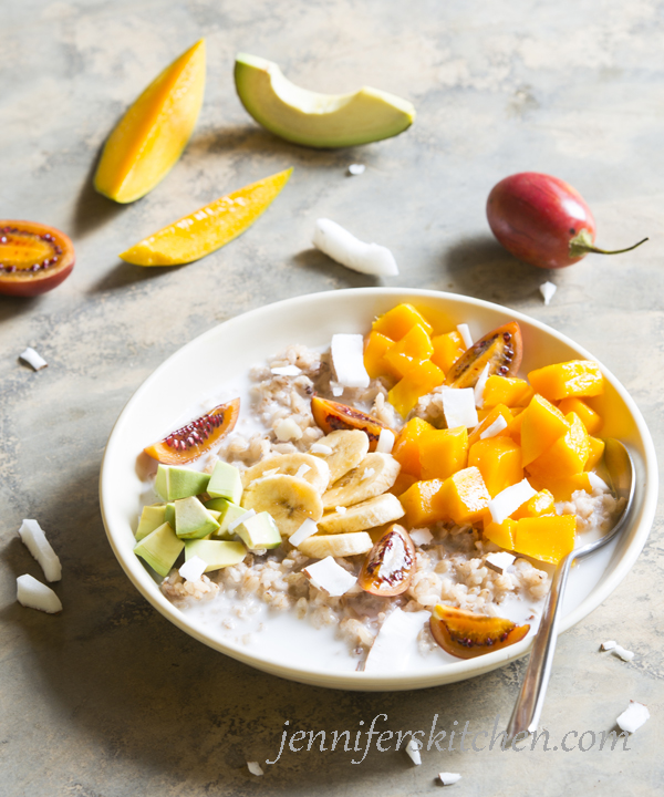 Rice cereal with coconut, mangoes, bananas, and avocados