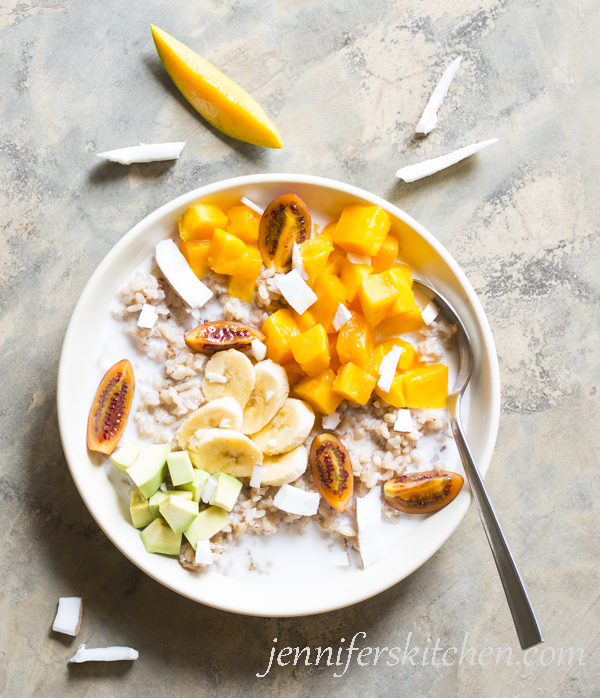 Rice cereal with coconut, mangoes, bananas, and avocados