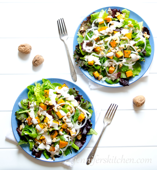 Butternut Squash and Greens Salad with Maple Sunflower Dressing