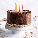 Sugar-free carob waffle cake with birthday candles.