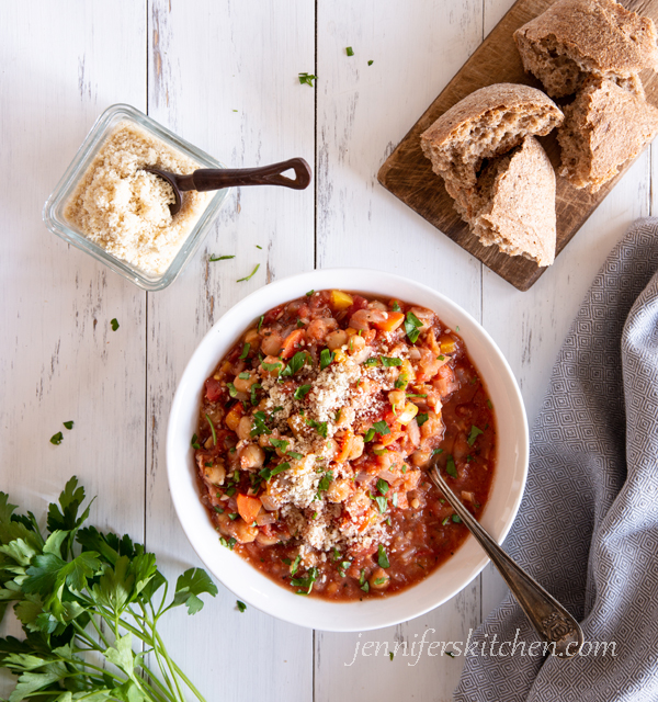 Italian Garbanzo beans with bread and vegan parmesan