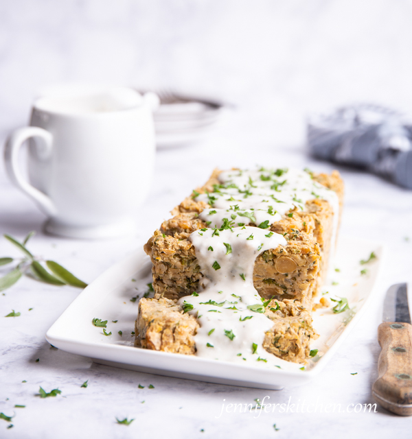 vegan, oil-free gravy over my Chickpea Loaf