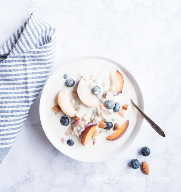 Coconut Pineapple Milk on a bowl of cereal and fruit