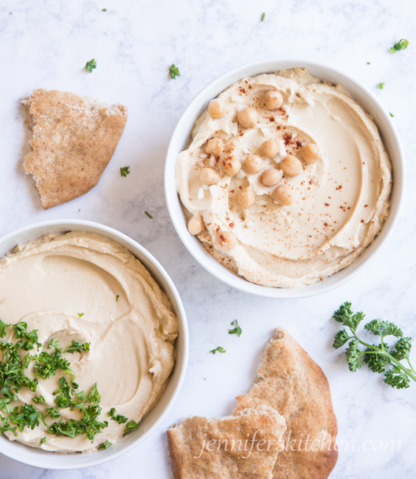 Delicious healthy oil-free hummus with flat bread for dipping