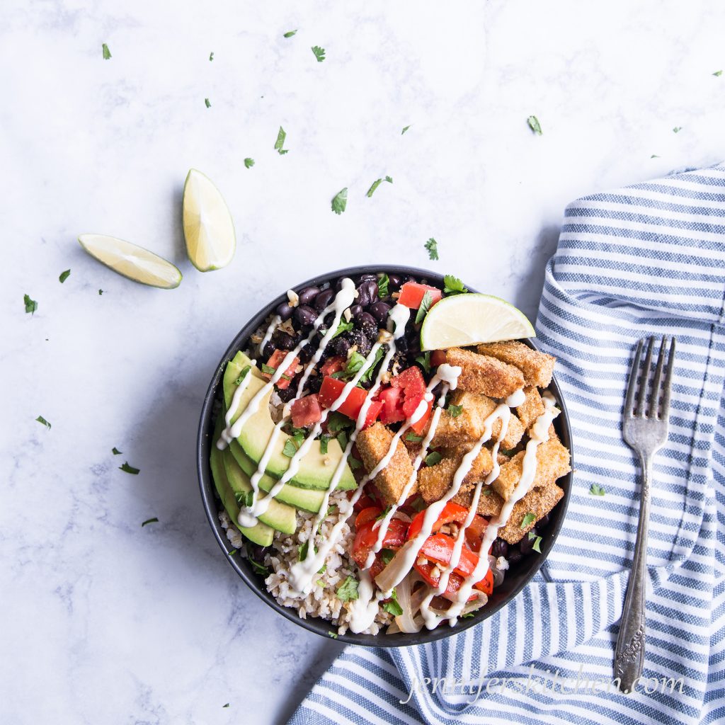 Vegan and Gluten-Free Lime, Rice, and Black Bean Bowl with Tofu