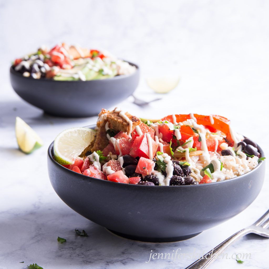 Vegan and Gluten-Free Lime, Rice, and Black Bean Bowl with Tofu