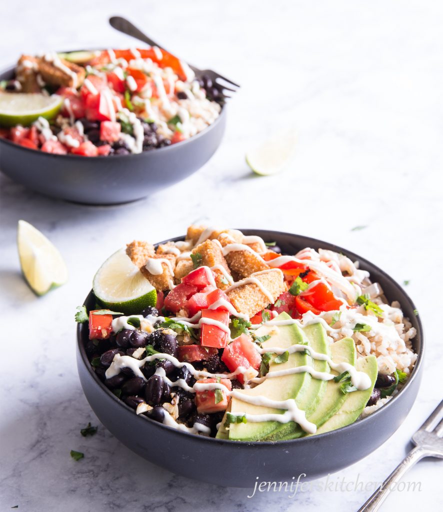 Vegan and Gluten-Free Lime, Rice, and Black Bean Bowl with Tofu