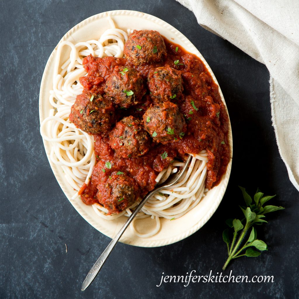 Vegan Gluten-Free Meat Balls in a dish with spaghetti