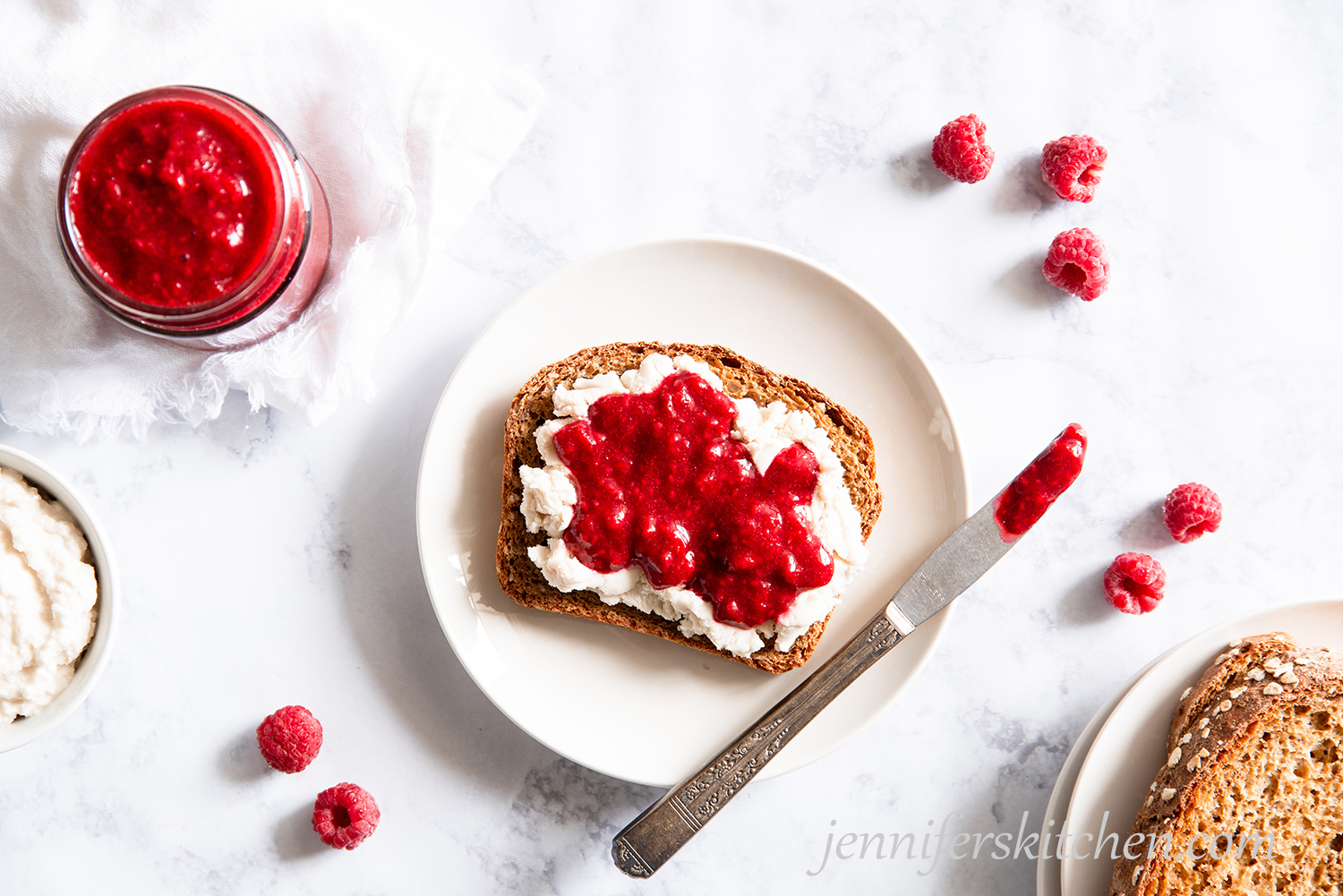 Sugar-Free Raspberry Jam on toast with almond cheese.