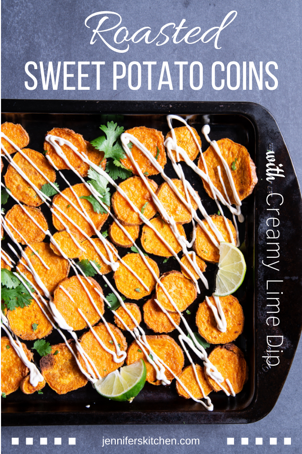 Oil Free Roasted Sweet Potato Coins with Creamy Lime Dip