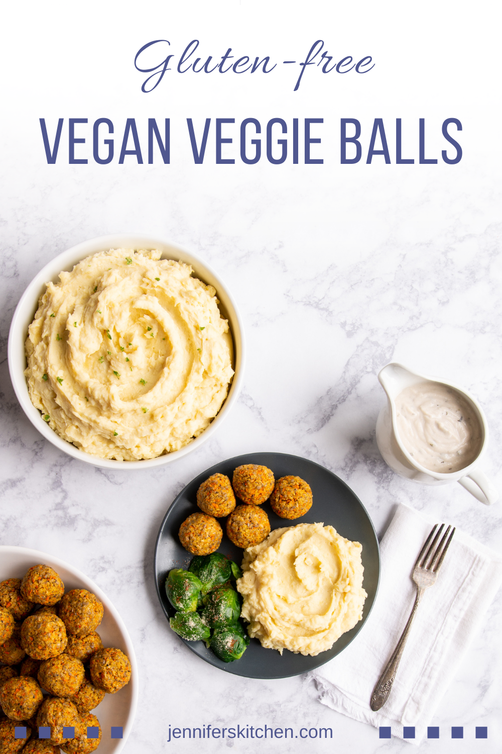 Vegan Veggie Balls with mashed potatoes, gravy, and Brussels sprouts