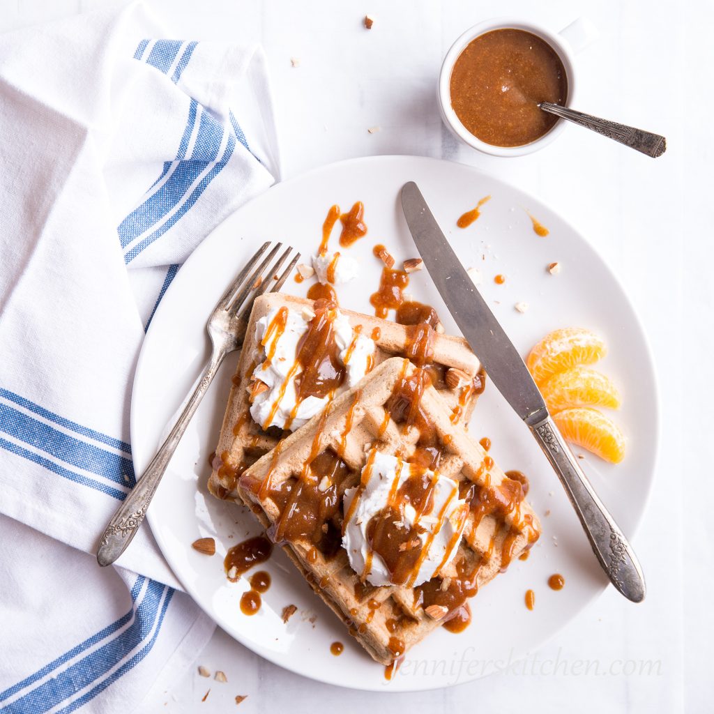 A plate with healthy waffles made without baking soda or baking powder or sugar or oil.