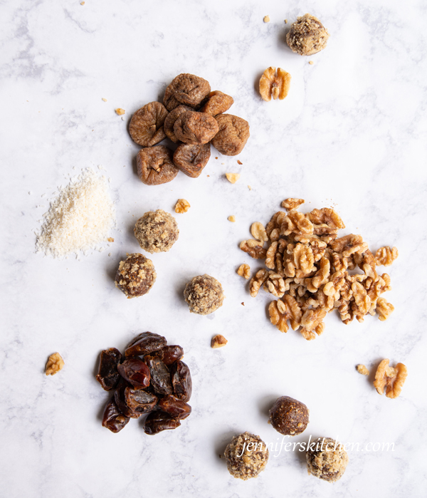 ingredients - figs, walnuts, dates, coconut